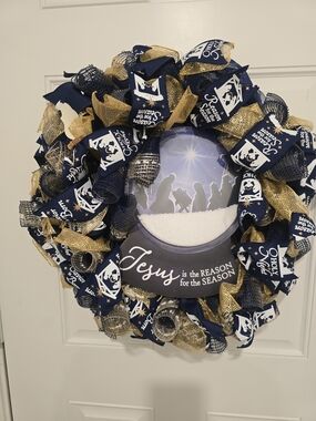 Religious Christmas Wreath - Navy & Gold "Jesus is the Reason for the Season"